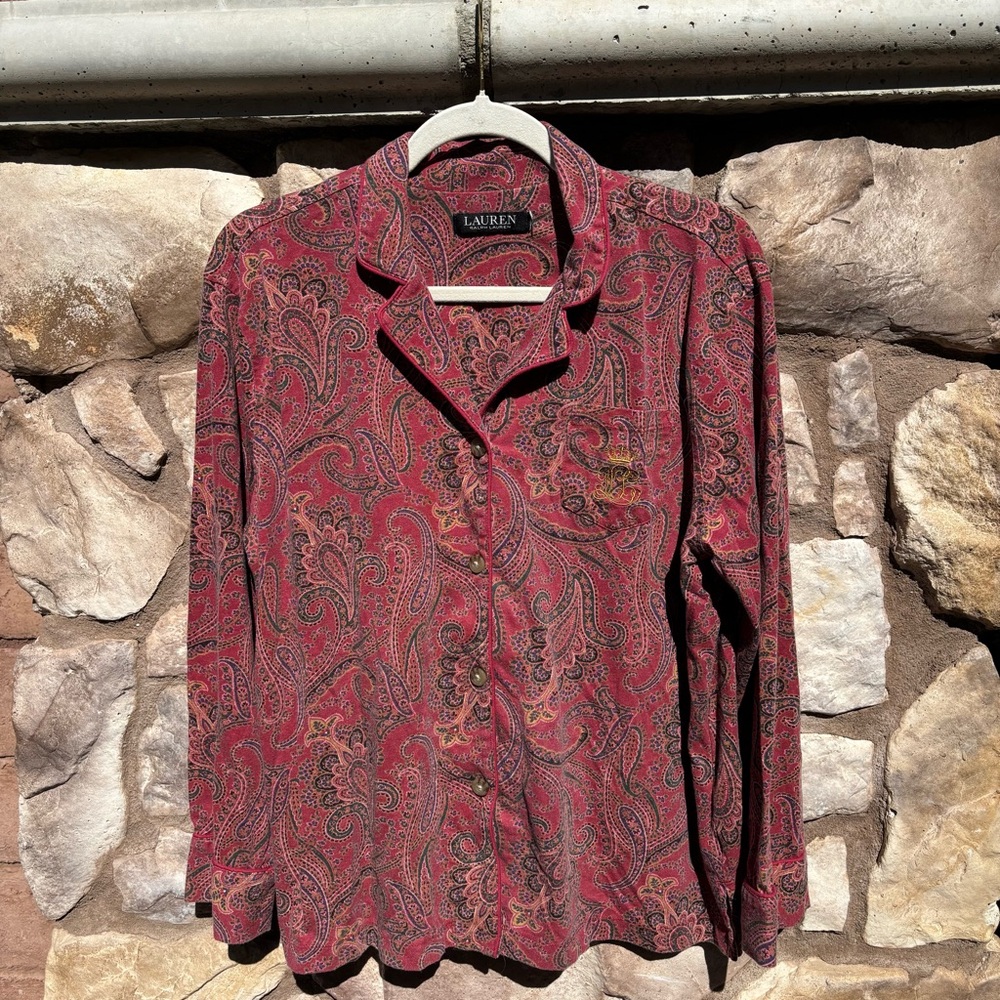Lauren Ralph Lauren Paisley Pajama Shirt Top  Embroidered Crest Pocket Logo XL